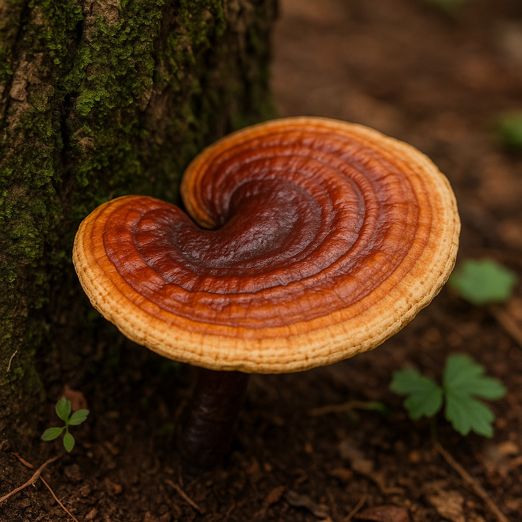 Reishi mushroom growing from forest floor.