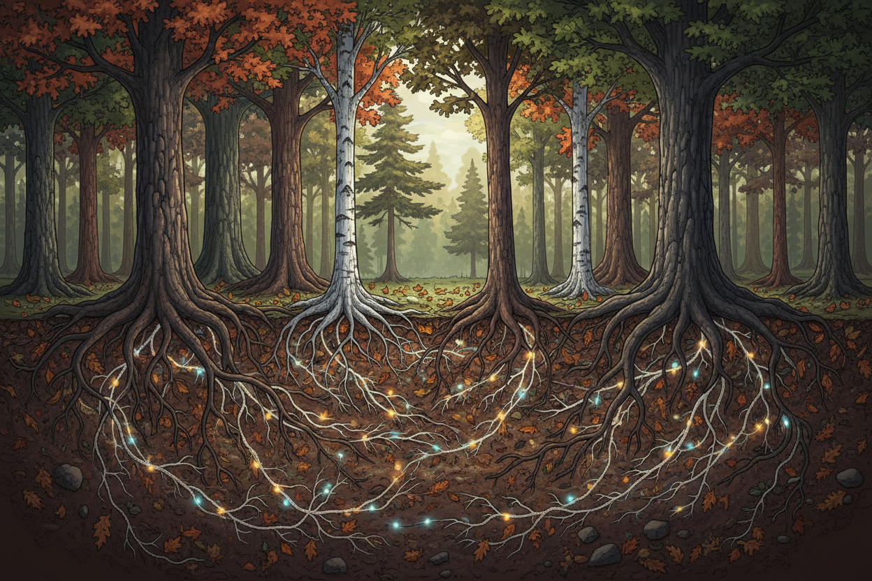 Graphic of trees and underlying mycelial network beneath the soil.