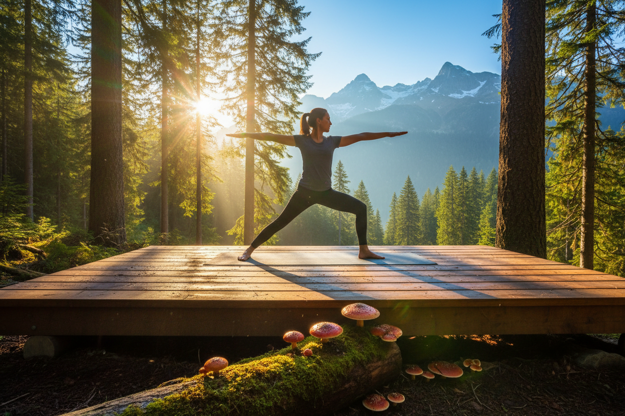 Woman practicing a standing pose overlooking a mountain landscape.