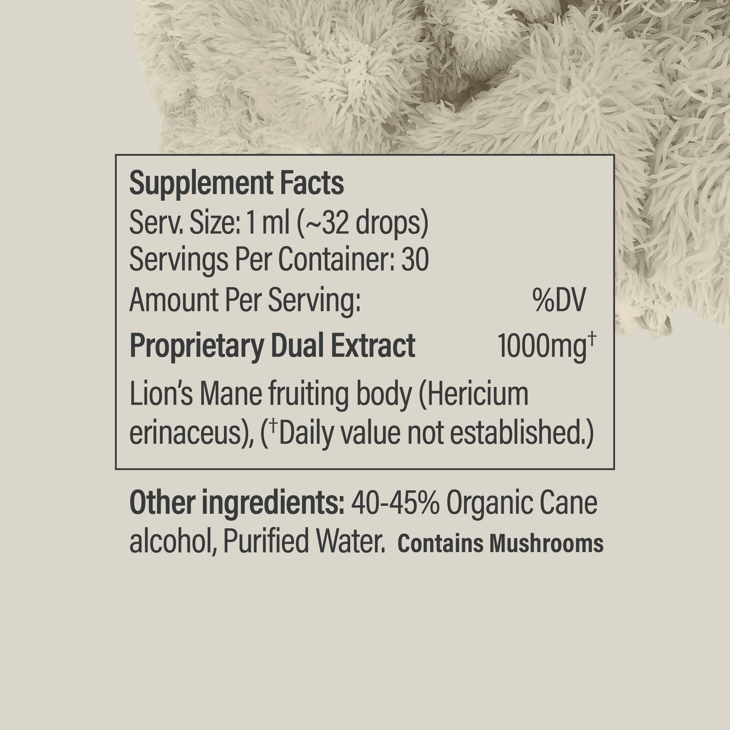 Nutrition facts for Lion’s Mane Tincture