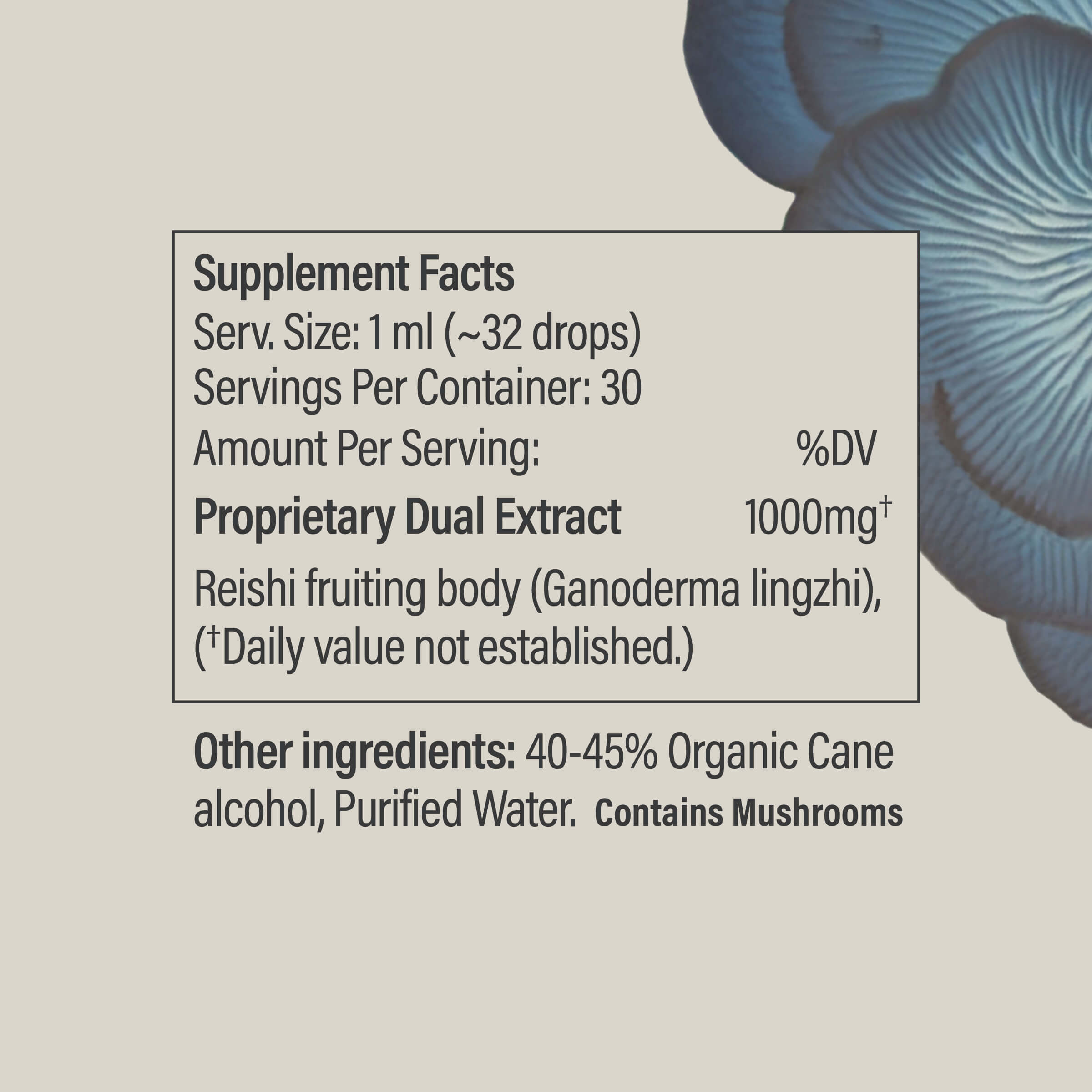 Nutrition facts for Reishi Tincture